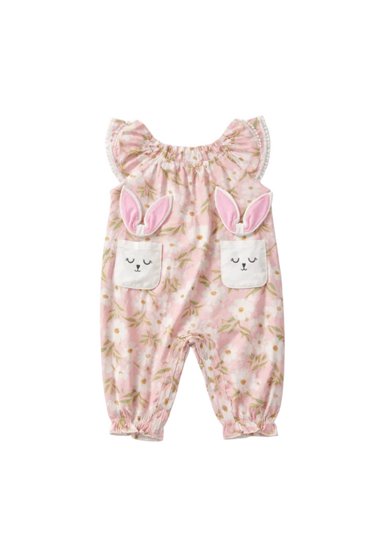 Baby Girl Bunney Cotton Grid Jumpsuit with Ruffle Edge