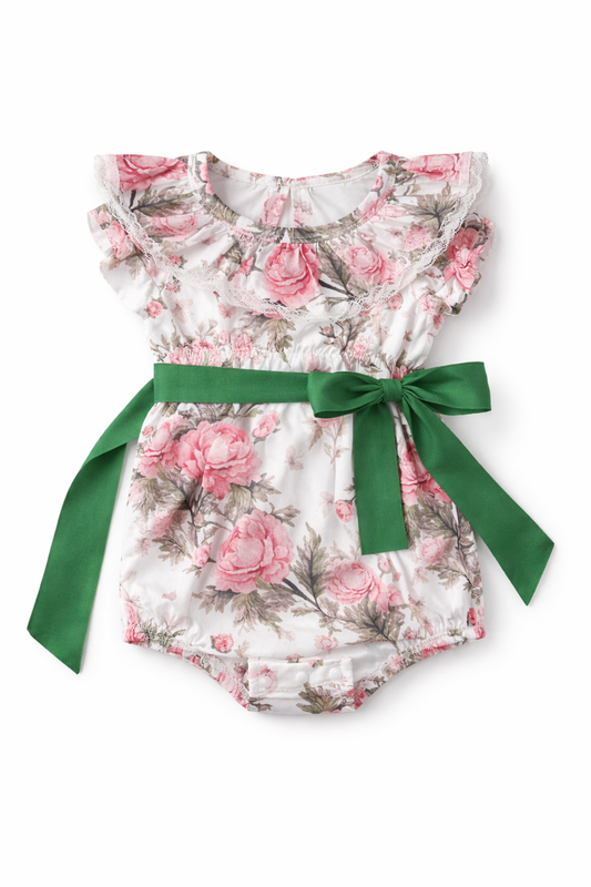 Baby Girls Floral Ruffle Sleeve Romper with ribbon