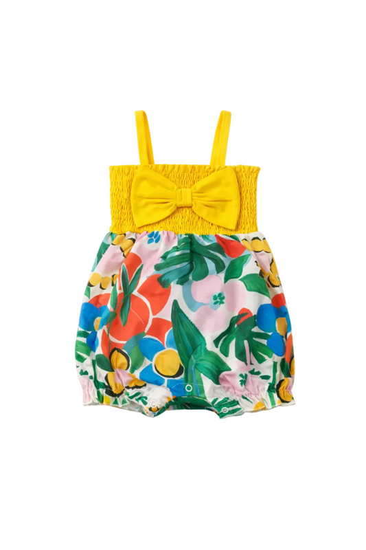 Baby Sweet Leaves Print Smocked Slip romper with bow knot