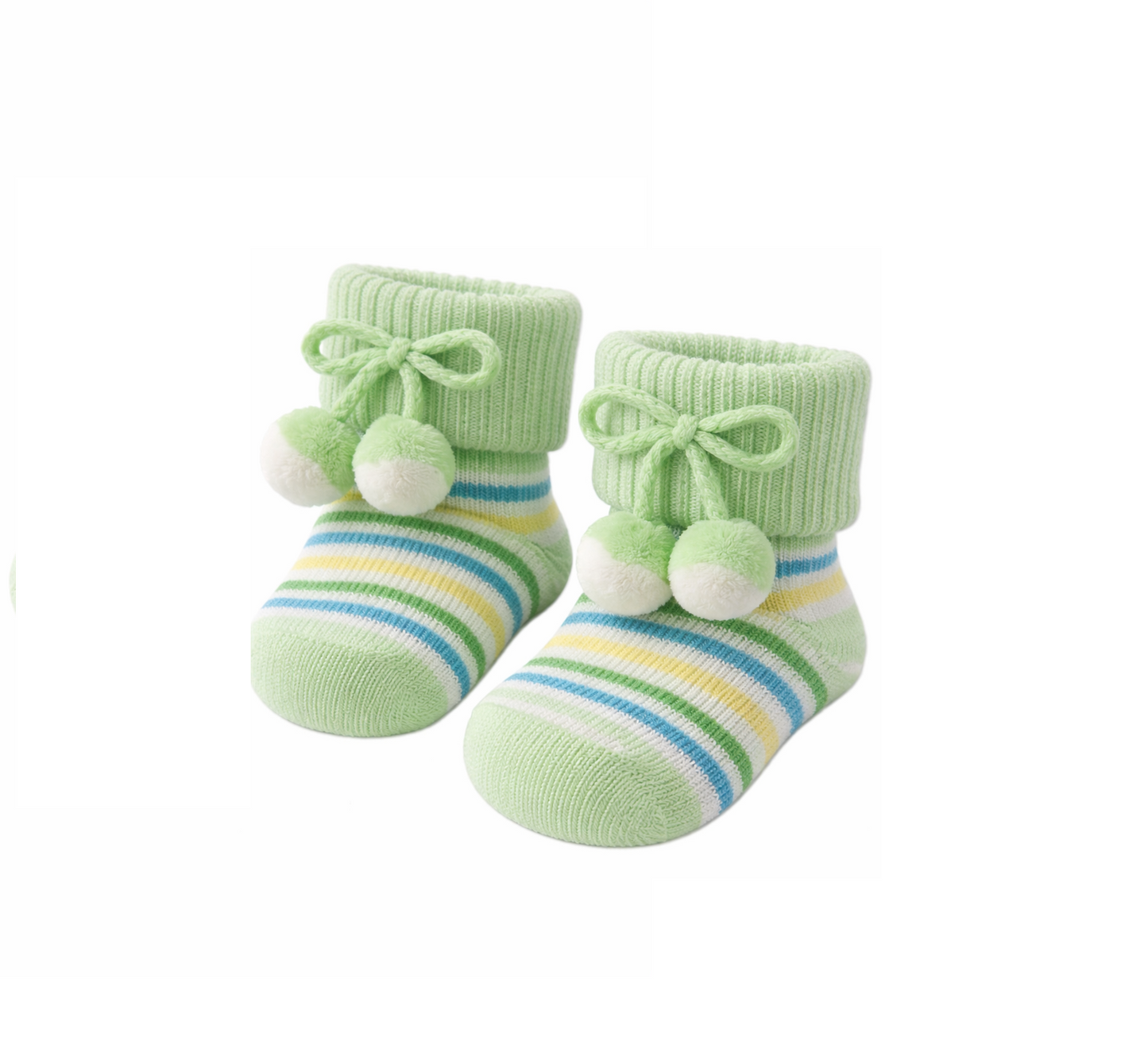 Soft Cotton Baby Bootie Socks with Pom-Pom Bow Green