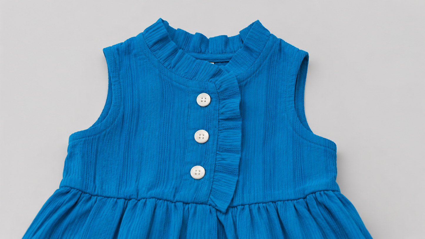Baby Girls Teal Blue Sleeveless Ruffle Dress with Button Front