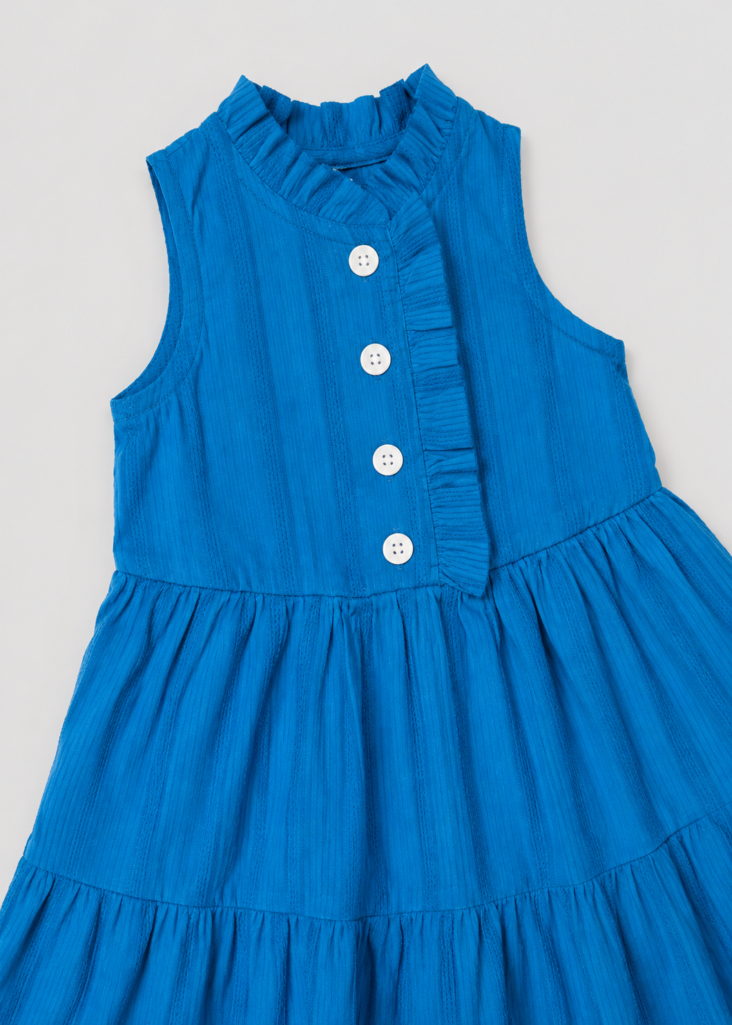 Baby Girls Teal Blue Sleeveless Ruffle Dress with Button Front