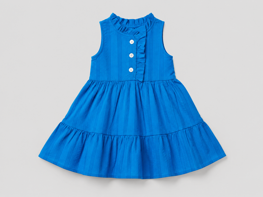 Baby Girls Teal Blue Sleeveless Ruffle Dress with Button Front