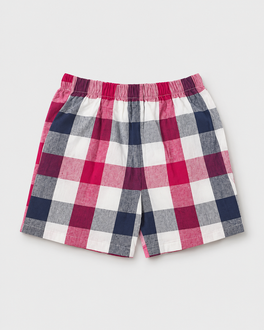 Kids Red Navy Plaid Casual Shorts with Elastic Waistband