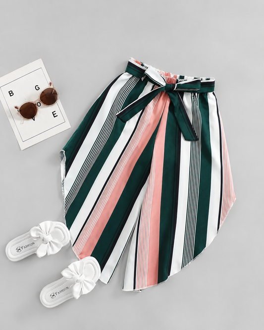 Girls Striped Wide Leg Pants with Bow Tie Waist