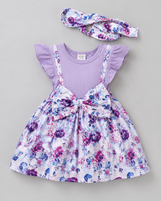 Baby Girls Purple Floral Ruffle Dress with Matching Headband