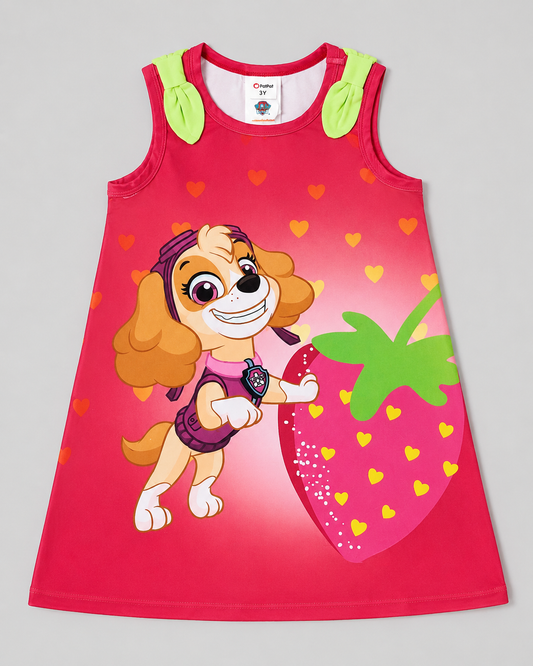 Girls Red Sleeveless Cartoon Puppy Strawberry Dress