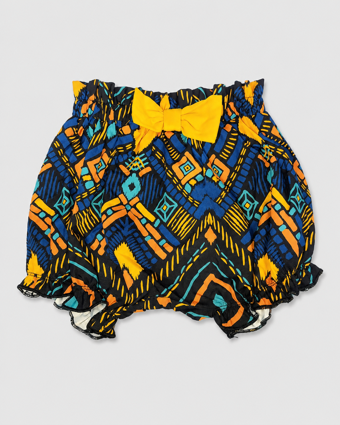 Girls Multicolor Printed Ruffle Shorts with Yellow Bow