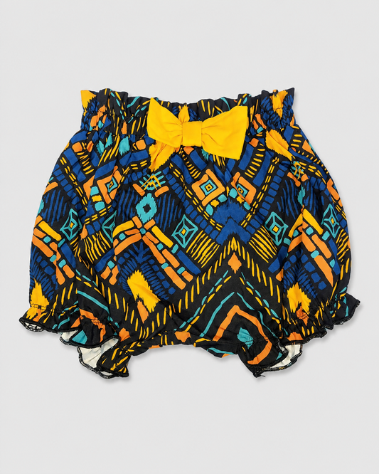 Girls Multicolor Printed Ruffle Shorts with Yellow Bow