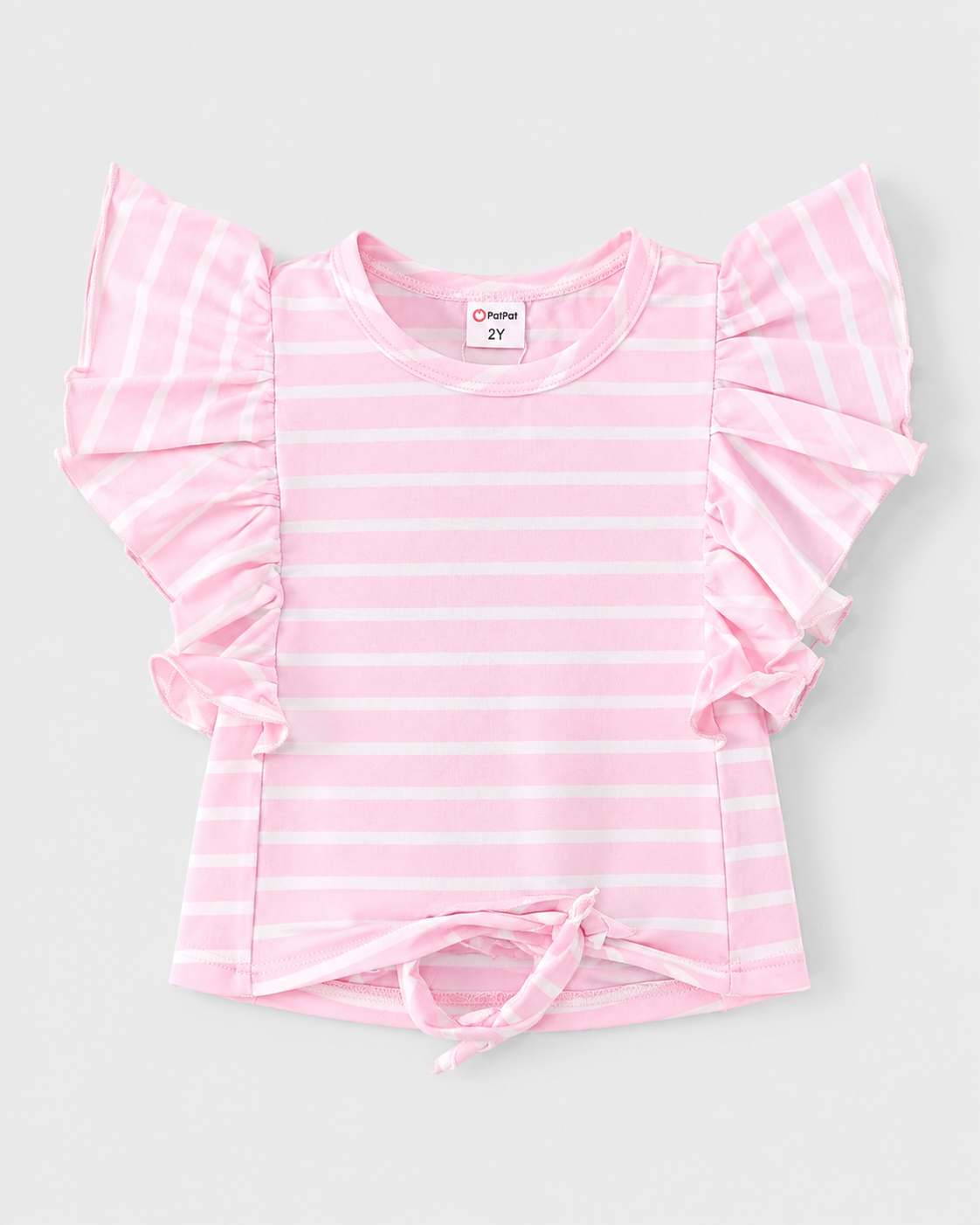 Girls Pink & White Striped Ruffle Sleeve Top