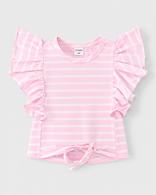 Girls Pink & White Striped Ruffle Sleeve Top