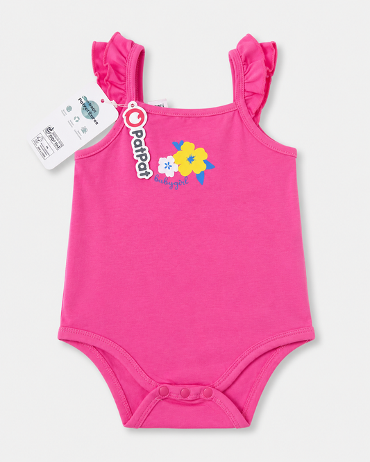 Baby Girls Pink Sleeveless Ruffle Strap Bodysuit with Flower Print