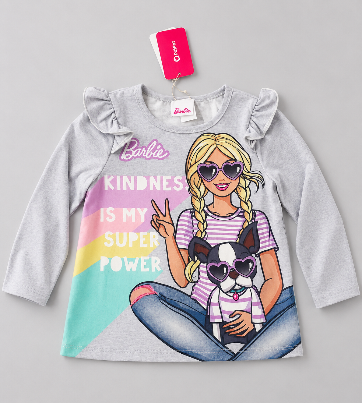 Girls Grey Long Sleeve Barbie Graphic Top with Ruffle Shoulder Detail