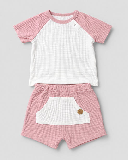 Baby/Toddler Pink & White Waffle Knit 2-Piece Shorts Set