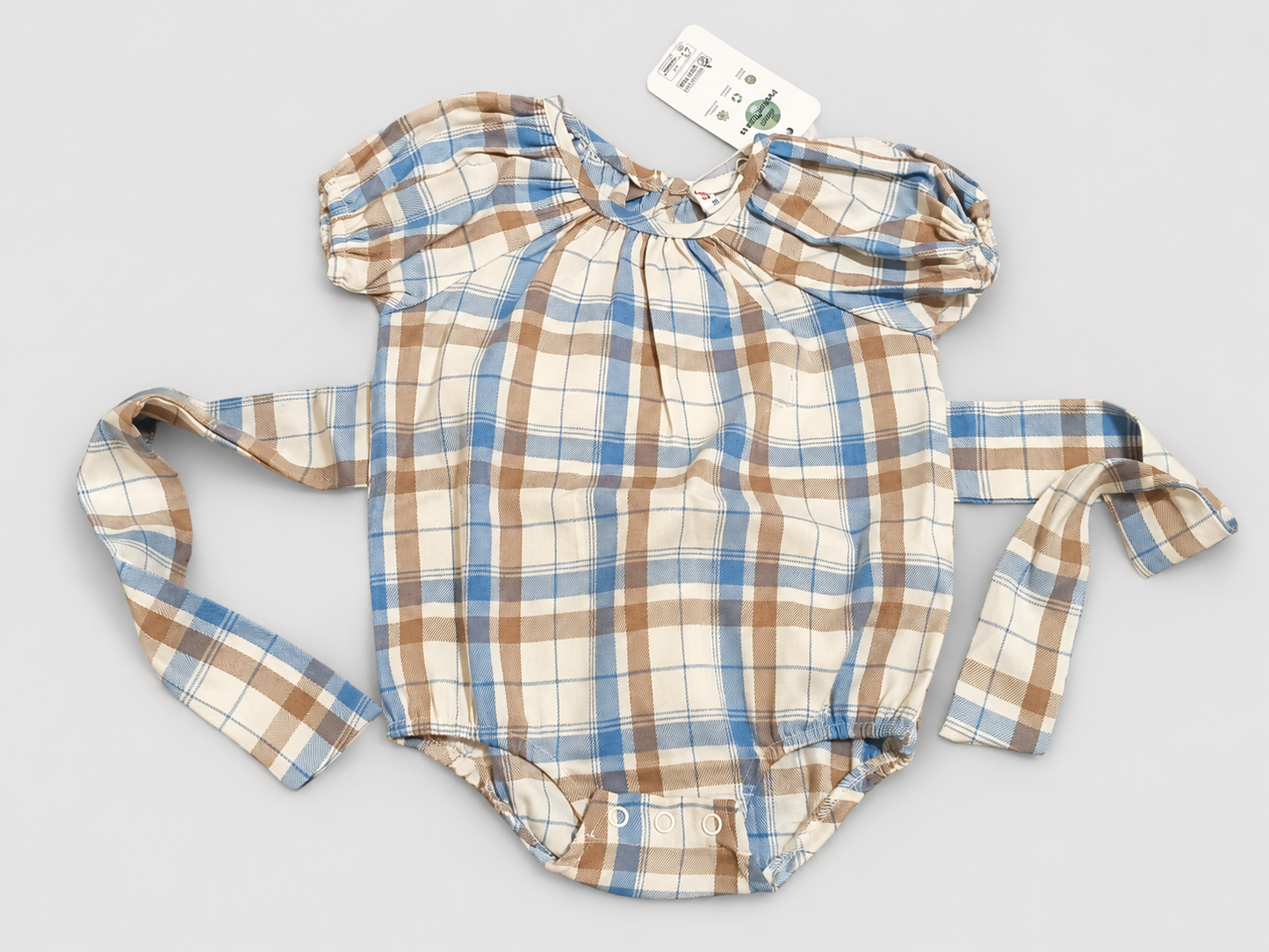 r Plaid Bubble Romper with Waist Tie Detail