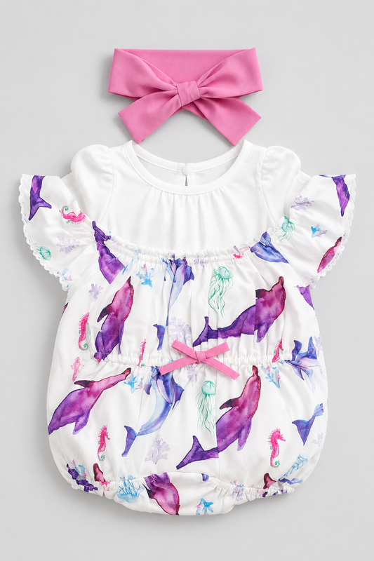 Baby Girl Ocean Animal Print Bubble Romper Set with Pink Headband & White Shorts