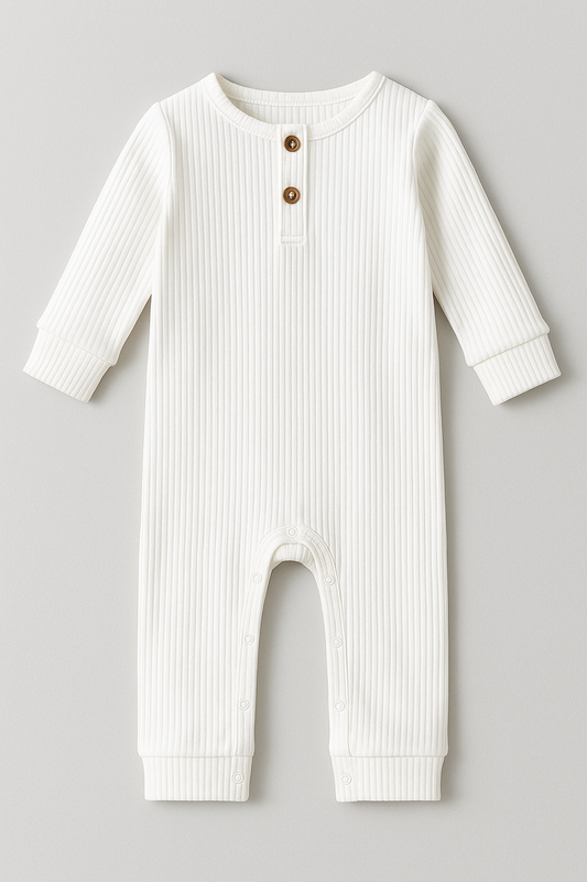 Cream Ribbed Henley Long-Sleeve Romper