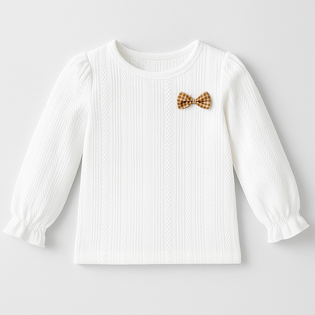 Toddler Girl White Textured Knit Long-Sleeve Top with Plaid Bow