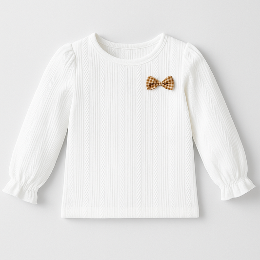 Toddler Girl White Textured Knit Long-Sleeve Top with Plaid Bow