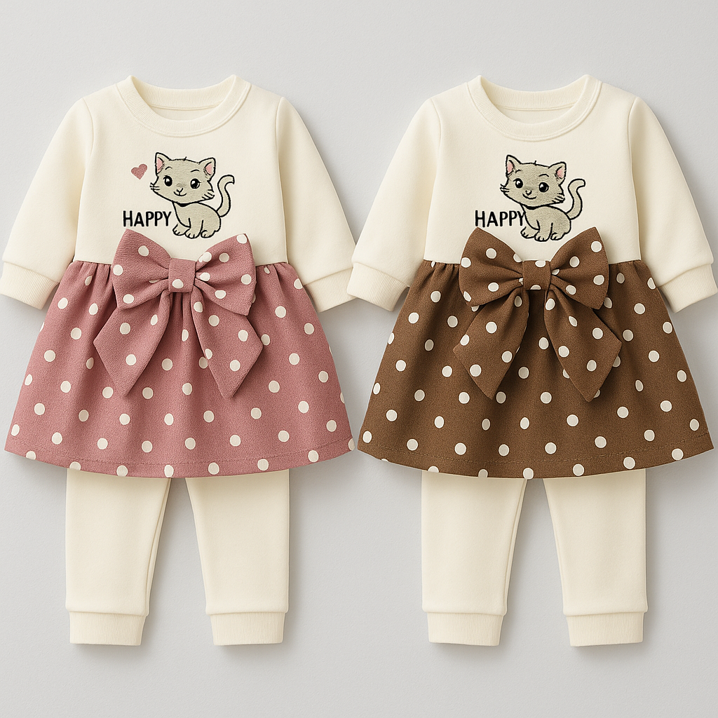Toddler Girl “Happy Kitten” Polka Dot Bow Dress & Leggings Set – Pink & Coffee
