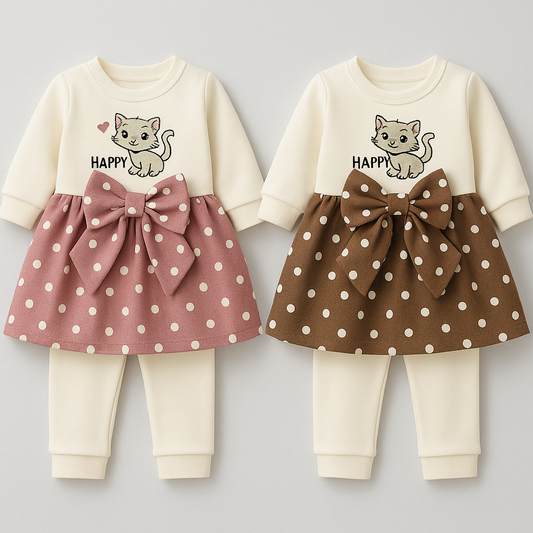 Toddler Girl “Happy Kitten” Polka Dot Bow Dress & Leggings Set – Pink & Coffee