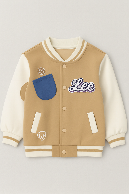 Kids Lee Tan & Cream Varsity-Style Baseball Jacket with Blue Pocket Detail