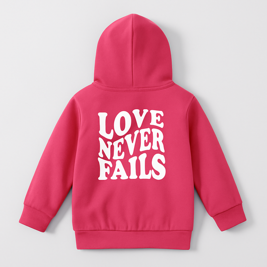 Kids Pink Hoodie with “LOVE NEVER FAILS” Back Print