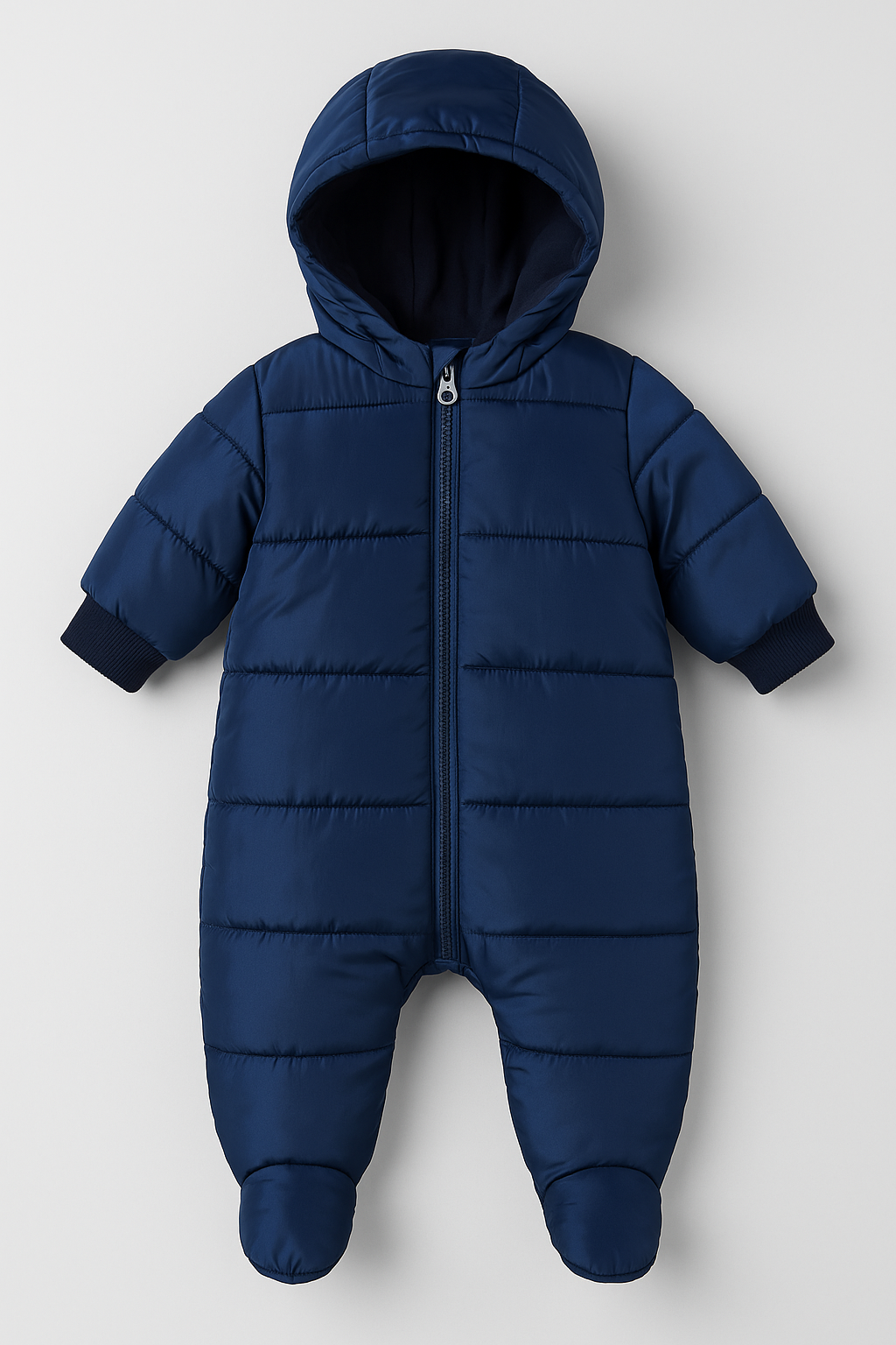 Dark Blue Hooded Baby Puffer Snowsuit – Infant Winter One-Piece  Short Description