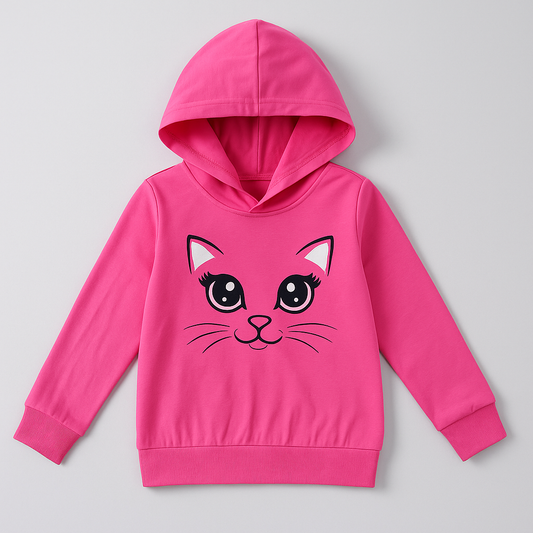 Pink Kids Hoodie with Cat-Face Print & Ears on Hood