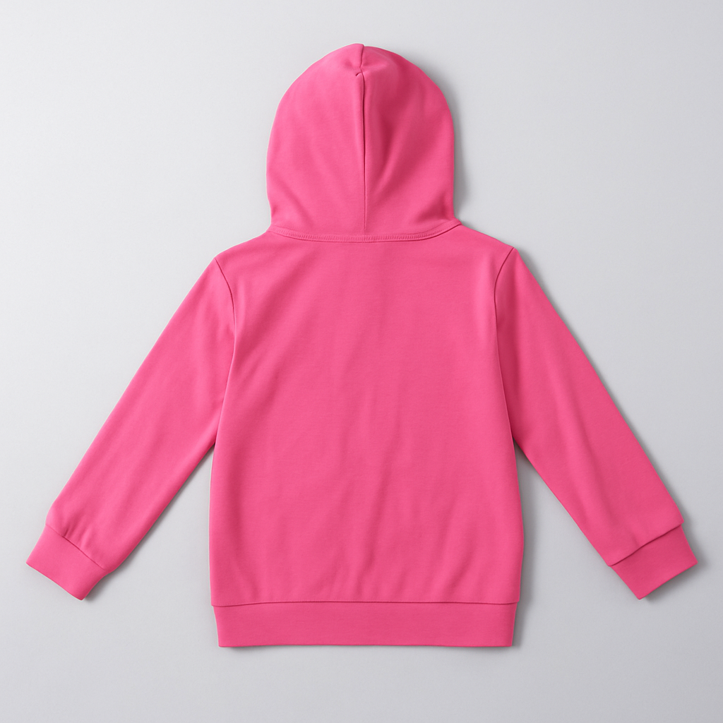 Pink Kids Hoodie with Cat-Face Print & Ears on Hood