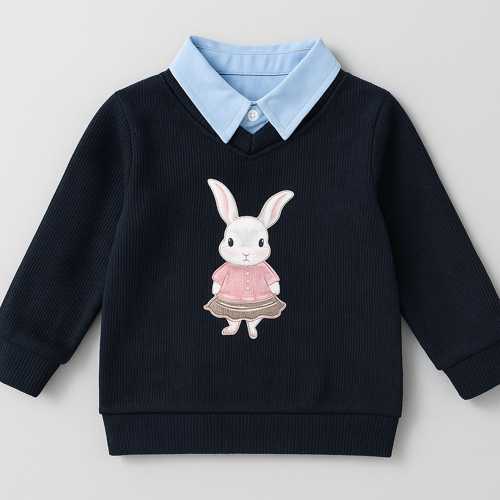 Kids Navy Sweater with Rabbit Print & Shirt-Collar Detail
