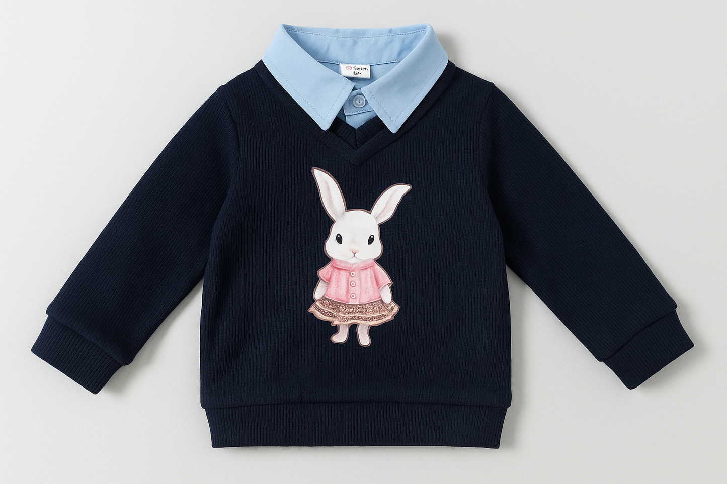 Kids Navy Sweater with Rabbit Print & Shirt-Collar Detail
