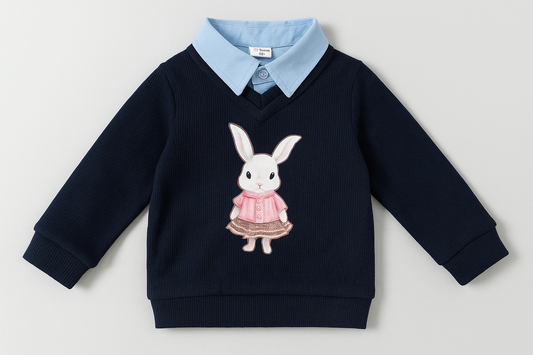 Kids Navy Sweater with Rabbit Print & Shirt-Collar Detail