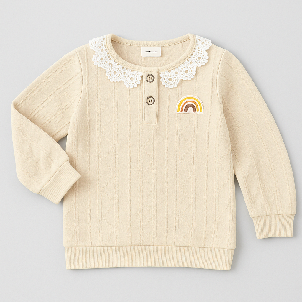 Cream Cable-Knit Baby Sweater with Lace Collar & Rainbow Patch