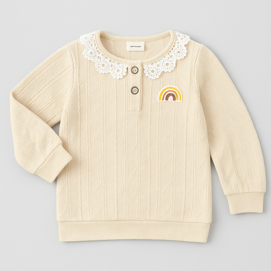 Cream Cable-Knit Baby Sweater with Lace Collar & Rainbow Patch