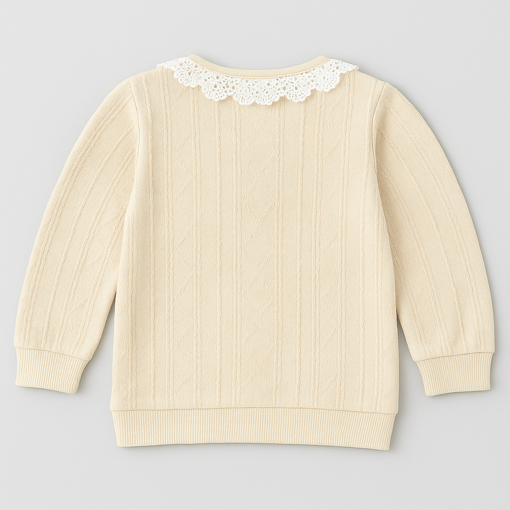 Cream Cable-Knit Baby Sweater with Lace Collar & Rainbow Patch