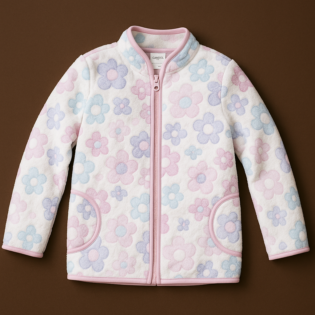pastel Floral Fleece Jacket for Girls – Soft Zip-Up Kids Outerwear