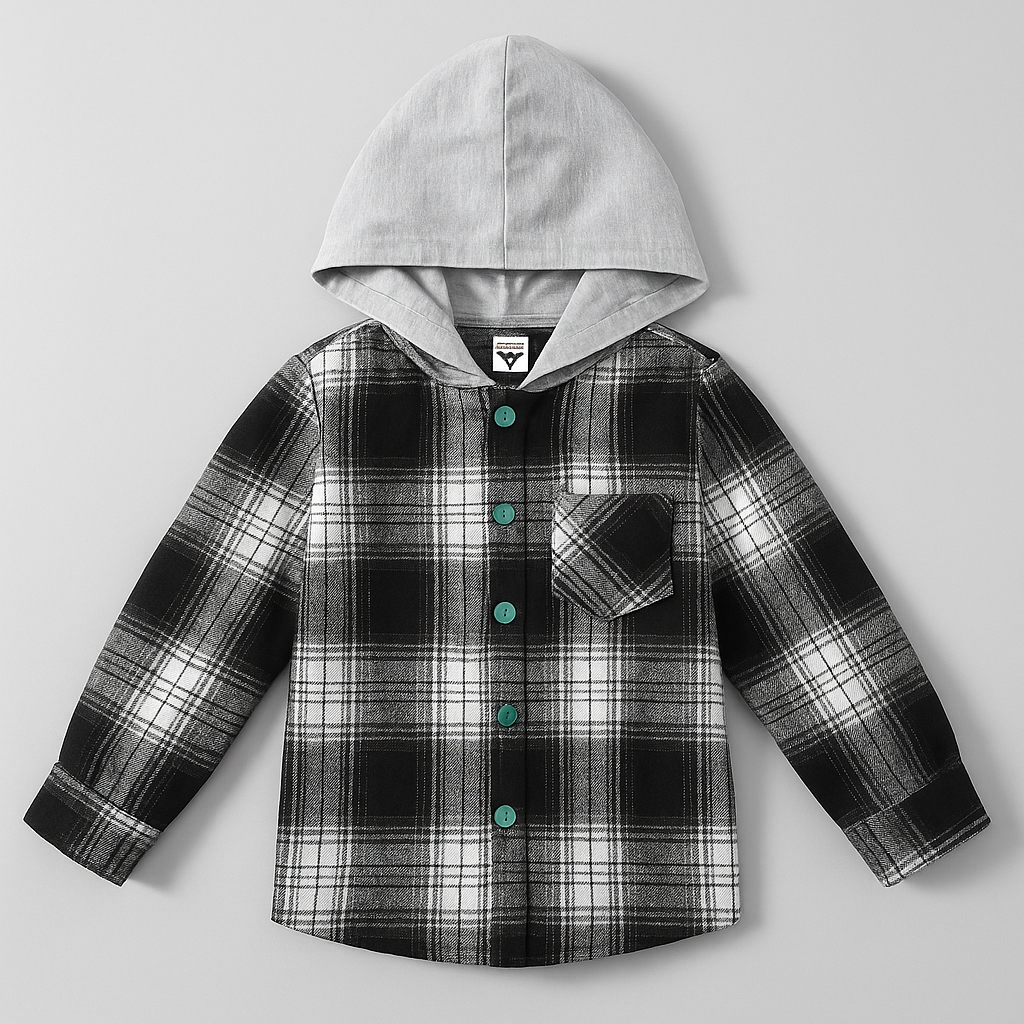Black & White Plaid Hooded Flannel Shirt-Jacket