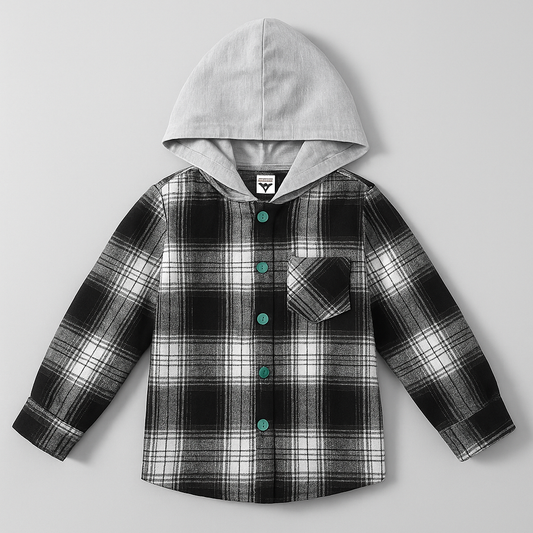 Black & White Plaid Hooded Flannel Shirt-Jacket