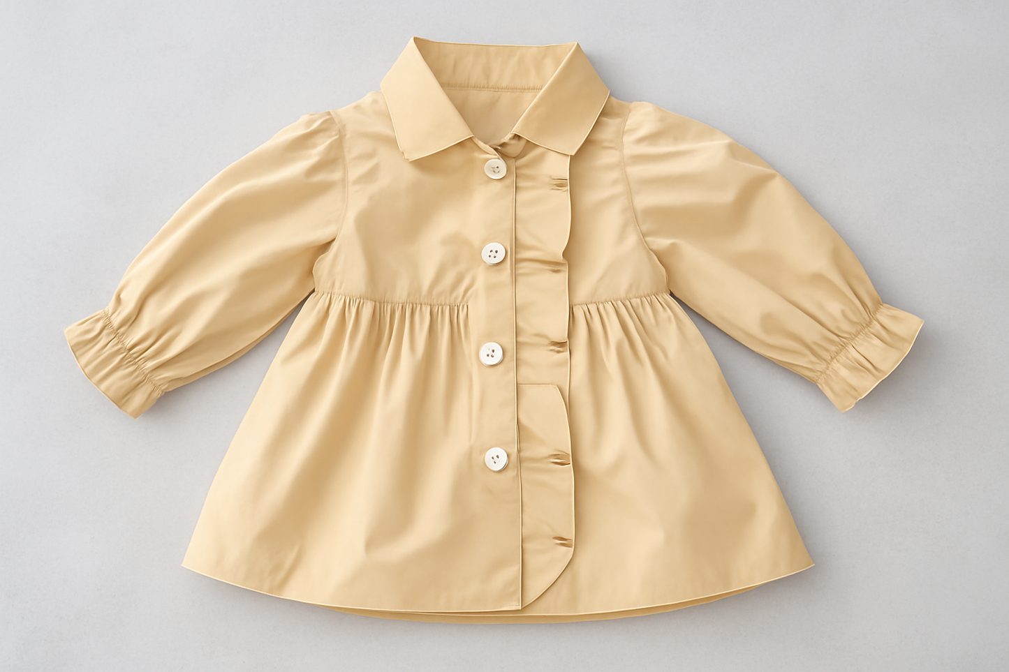 Girls' Beige Ruffled Button-Front Coat with Puff Sleeves