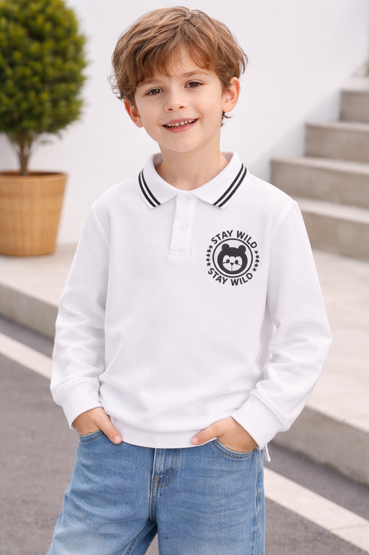 Kids’ White Long-Sleeve Polo Shirt with Black Tipped Collar – “Stay Wild” Bear Embroidered Chest Badge