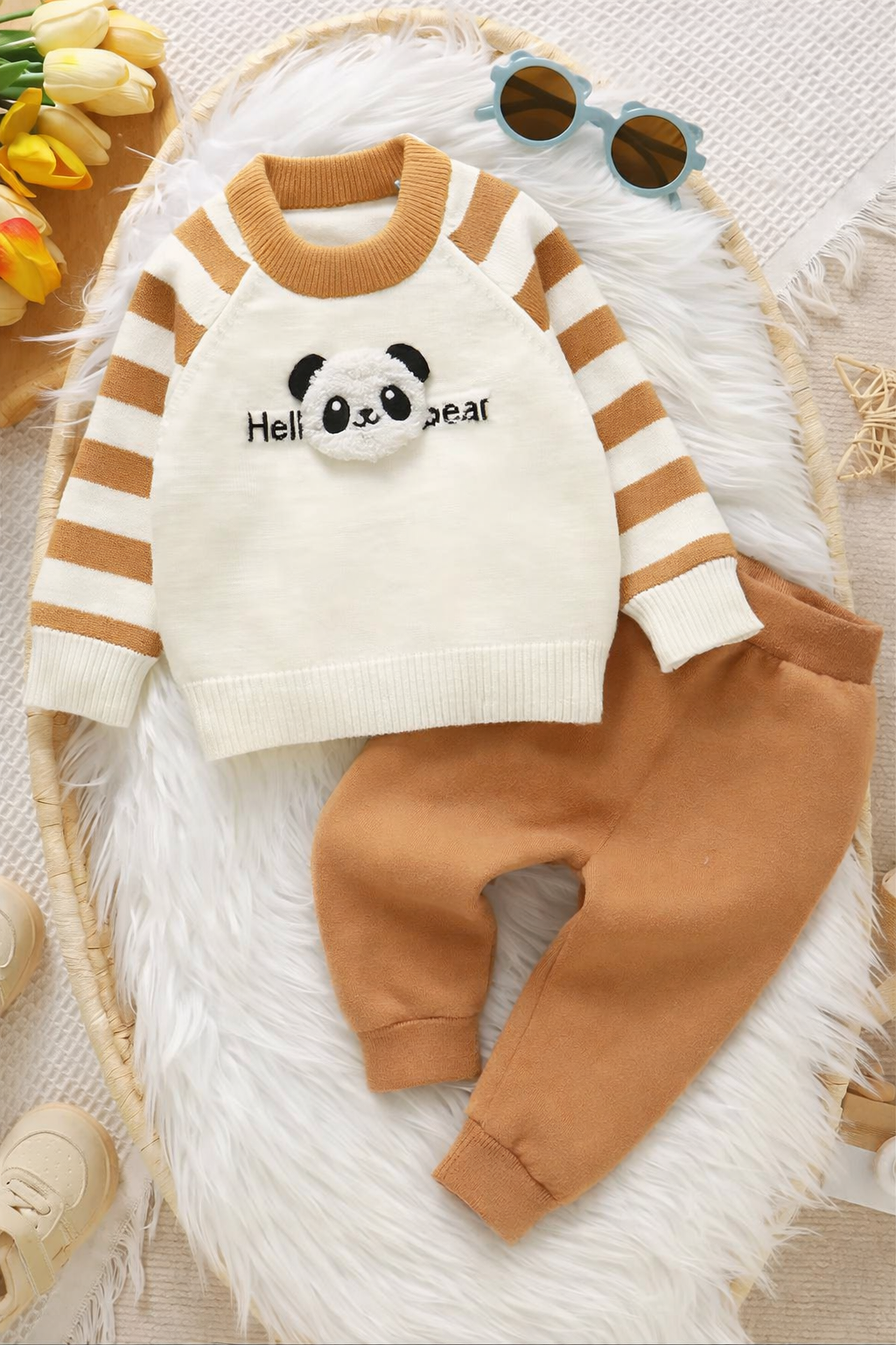 Panda Pattern Black Striped Long Sleeve Crew Neck Pullover