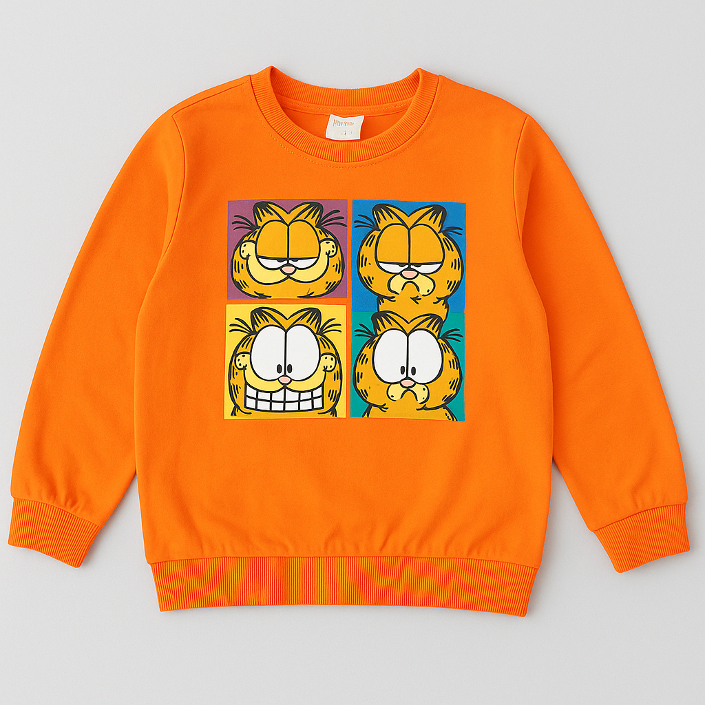 Bright Orange Kids Sweatshirt with Playful Cartoon Cat Faces