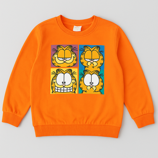 Bright Orange Kids Sweatshirt with Playful Cartoon Cat Faces