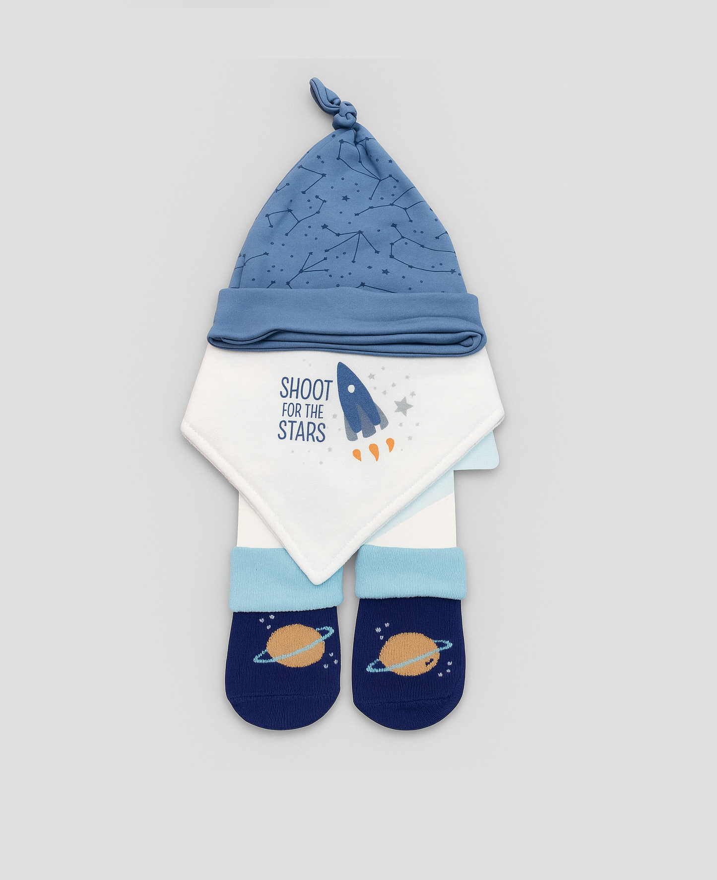 Baby Cap, Bib & Sock 6-9M 3 Pcs Set space