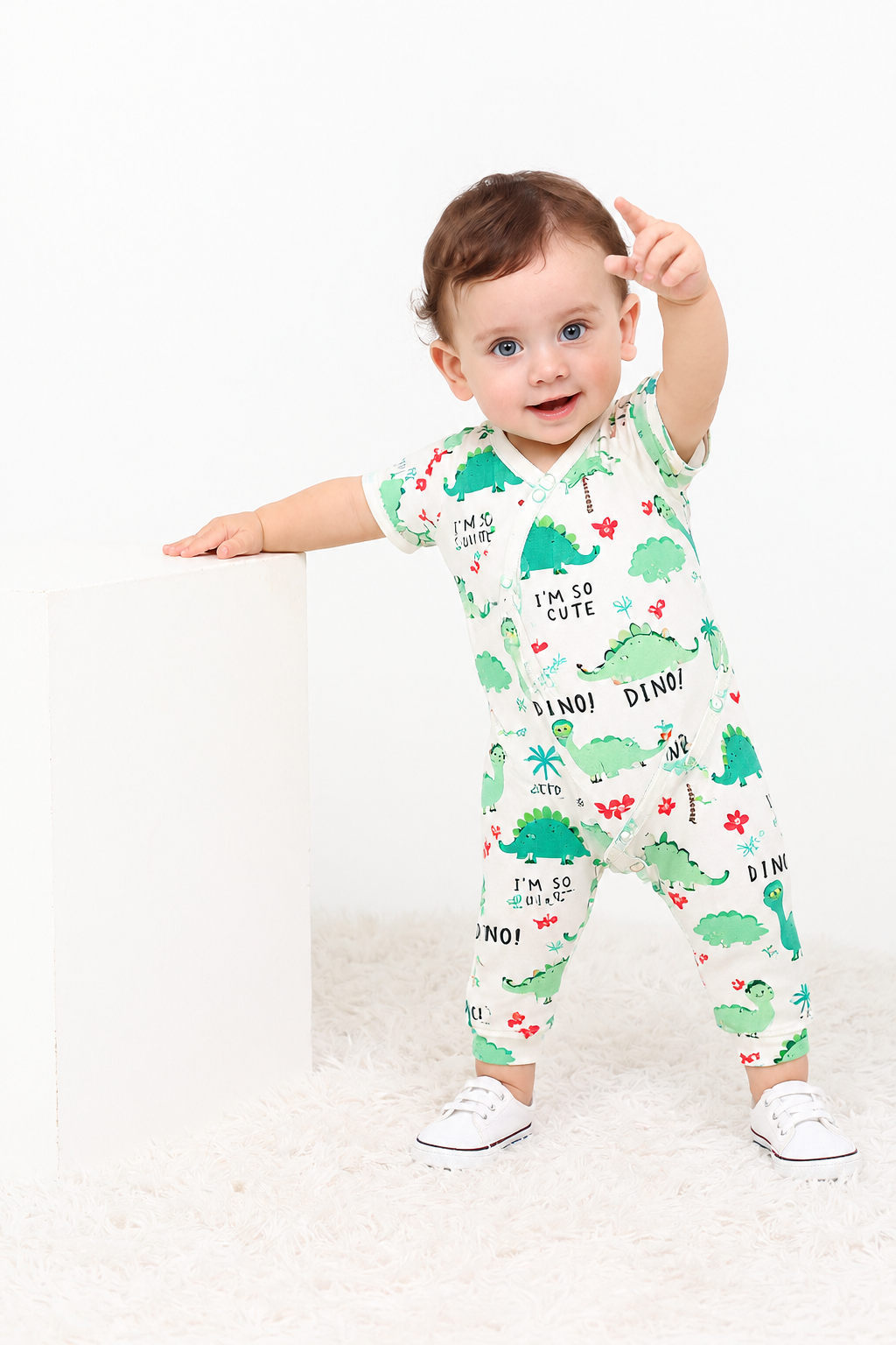 Baby Boy Allover Dinosaur Print Short-sleeve Tie Side Jumpsuit