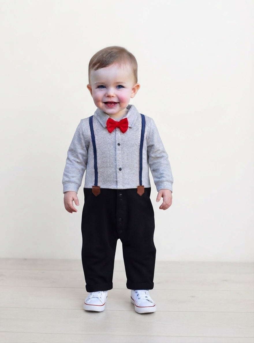 Boy Jumpsuit Gentleman Red Tie Suspender
