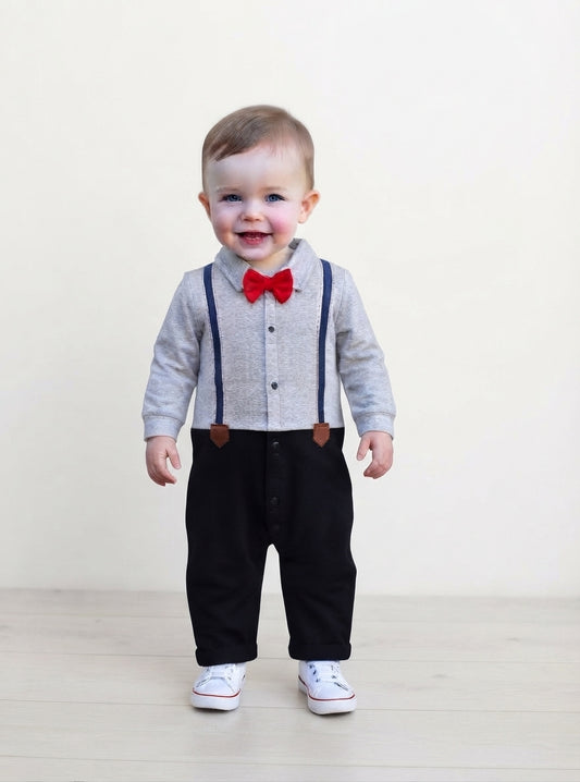 Boy Jumpsuit Gentleman Red Tie Suspender