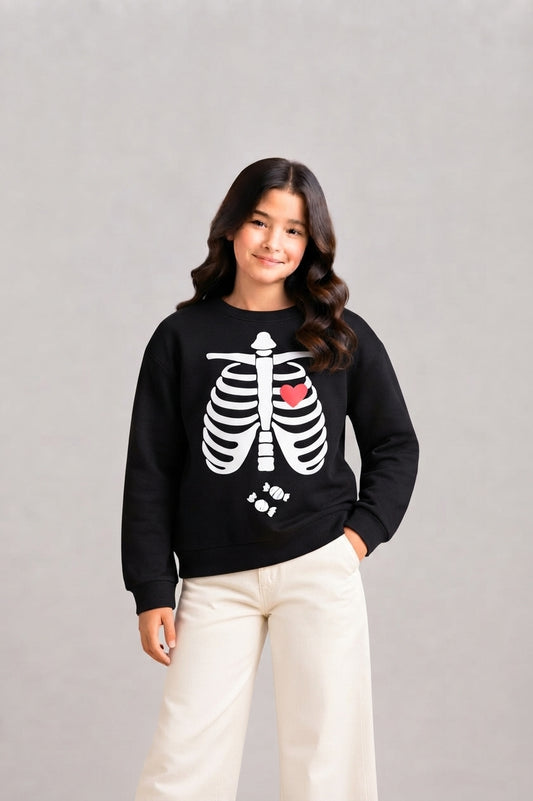 Black Rib Cage & Heart Print Sweatshirt Candy Accent