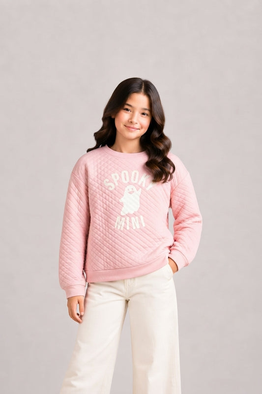 Quilted Pink ‘Spooky Mini’ Sweatshirt – Ghost Graphic Crew for Kids